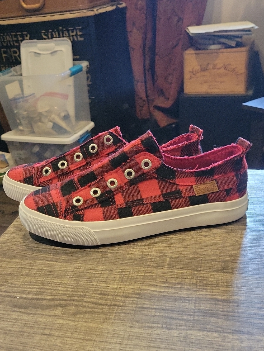 Blowfish Ladies Sz.8 Buffalo Check Slip On Sneakers EUC